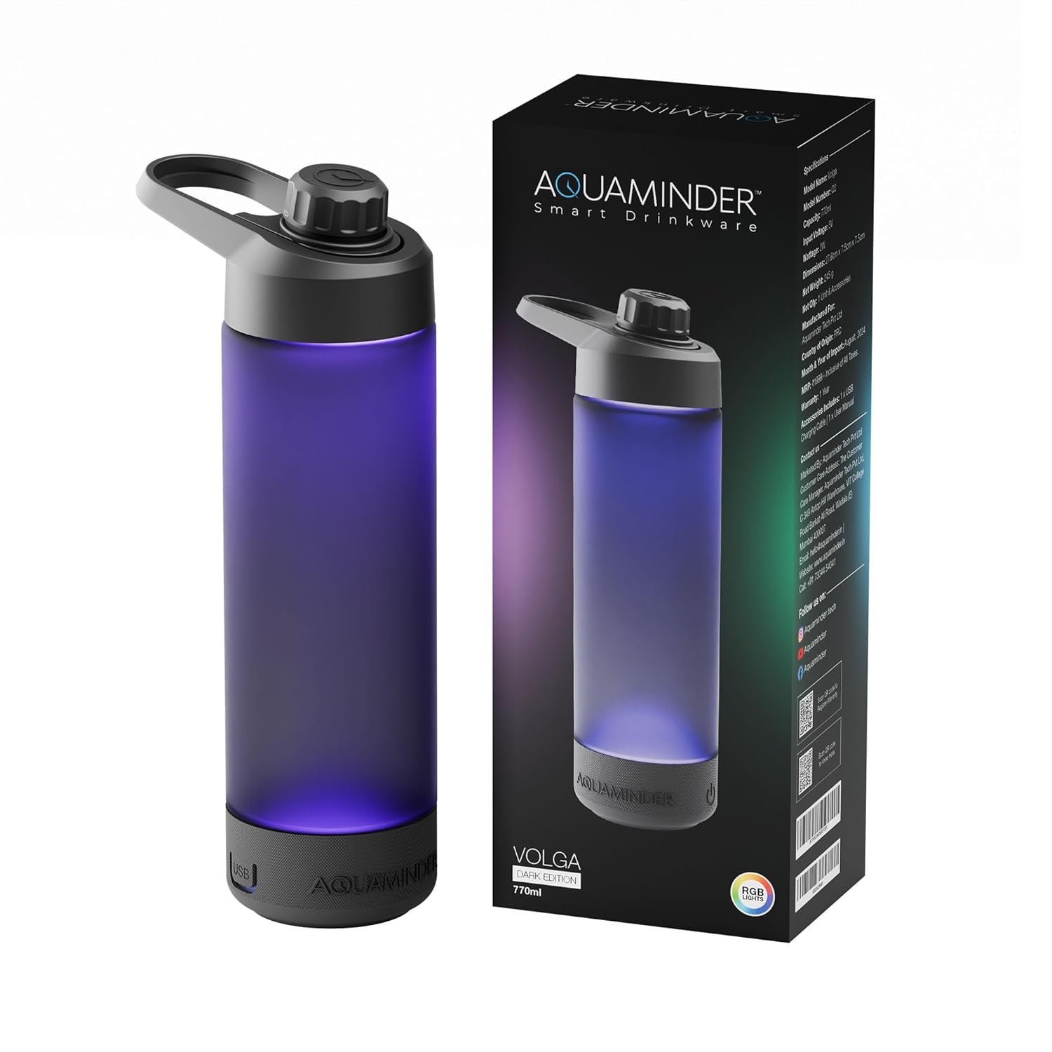 Qeyra Aquaminder Smart Water Bottle Glows & Beeps to Remind You to Drink More 770 ml Chug Cap Bottle For Adults and Kids Perfect For Gift, Travel, Gym, Yoga, Black, Silicone