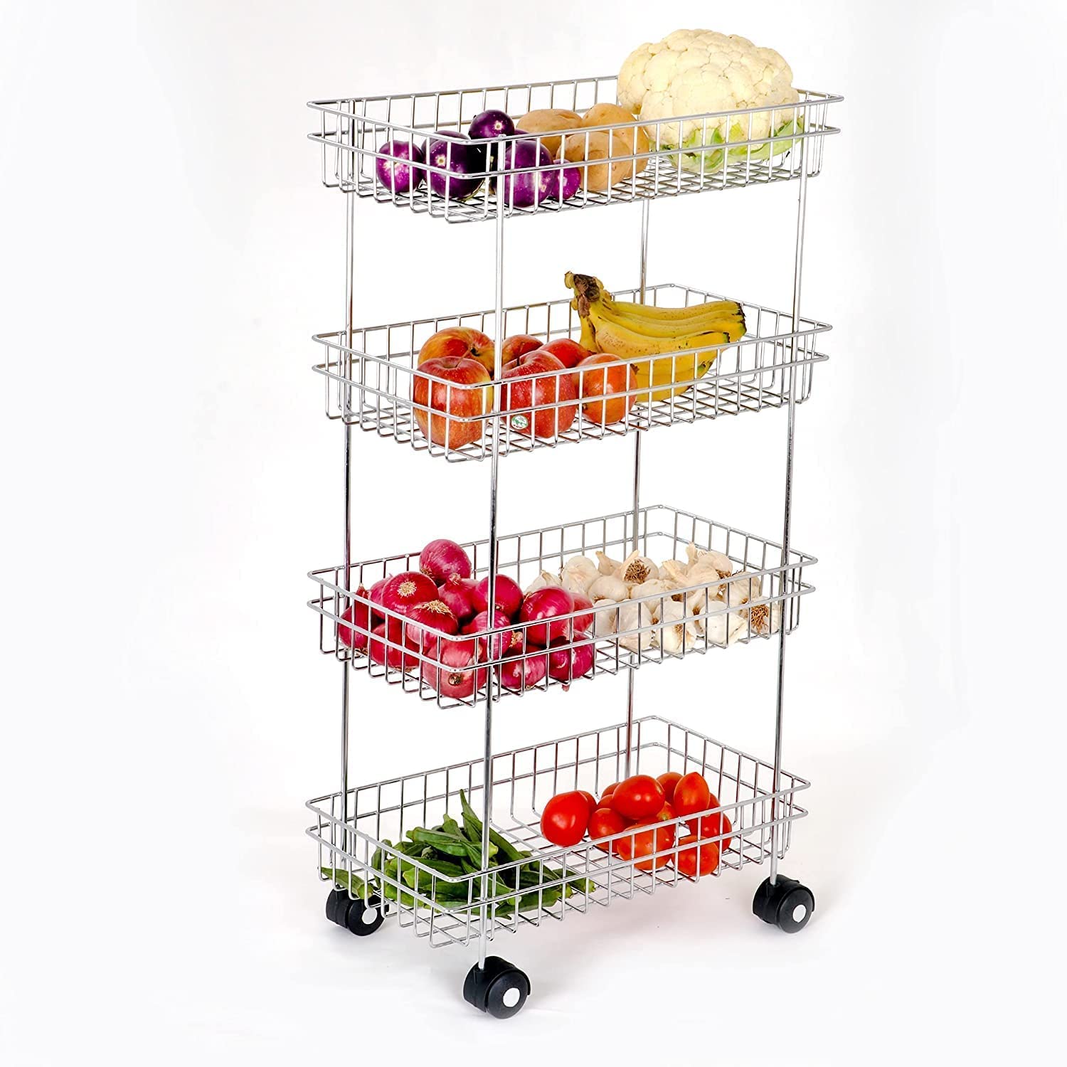 Qeyra Stainless Steel Kitchen Trolley, Fruits & Vegetable Trolley Container, Basket Organizer Holder Stand for Kitchen, Multipurpose Kitchen Trolley with Wheel