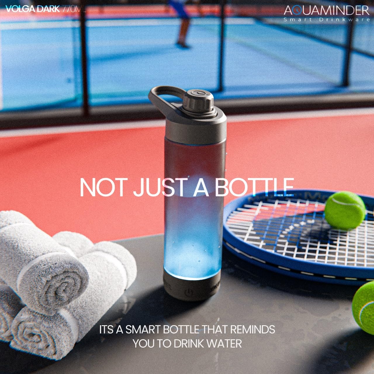 Qeyra Aquaminder Smart Water Bottle Glows & Beeps to Remind You to Drink More 770 ml Chug Cap Bottle For Adults and Kids Perfect For Gift, Travel, Gym, Yoga, Black, Silicone