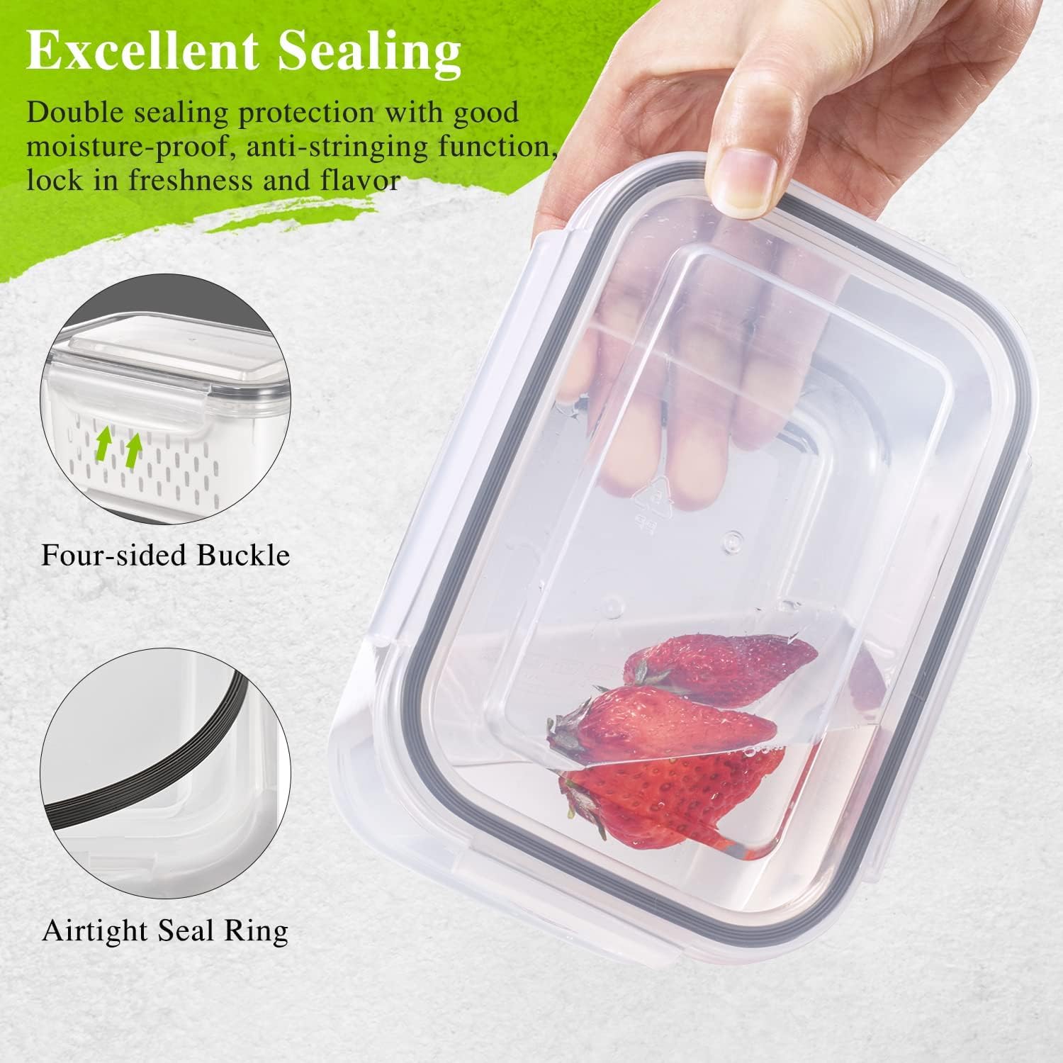 Qeyra Stackable Vegetable and Fruit Fridge Storage Container With Removable Drain Strainers, BPA-Free Plastic Produce Keepers, 4 Pack Container Set with Lids with Strainer(4500ML+2600ML+1400ML+600ML)