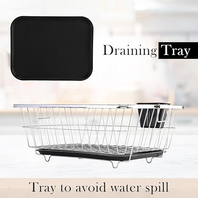 Qeyra Stainless-Steel Dish Drainer Basket | Organizer Stands with Handle | Spoon Holder & Draining Tray Included 17 X 22