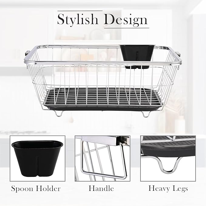 Qeyra Stainless-Steel Dish Drainer Basket | Organizer Stands with Handle | Spoon Holder & Draining Tray Included 17 X 22