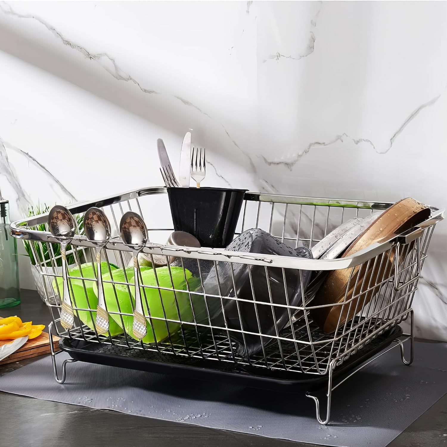 Qeyra Stainless-Steel Dish Drainer Basket | Organizer Stands with Handle | Spoon Holder & Draining Tray Included 17 X 22