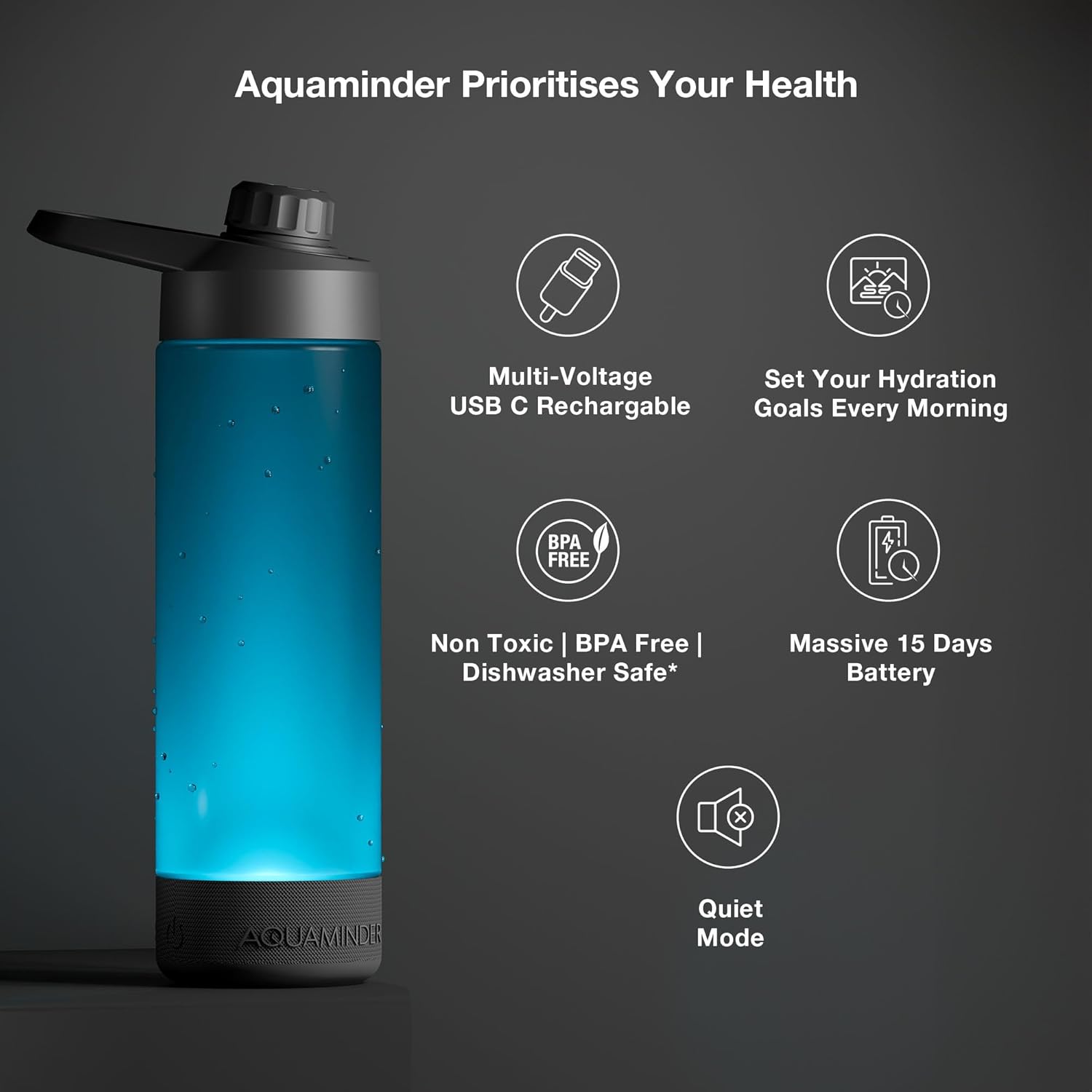 Qeyra Aquaminder Smart Water Bottle Glows & Beeps to Remind You to Drink More 770 ml Chug Cap Bottle For Adults and Kids Perfect For Gift, Travel, Gym, Yoga, Black, Silicone