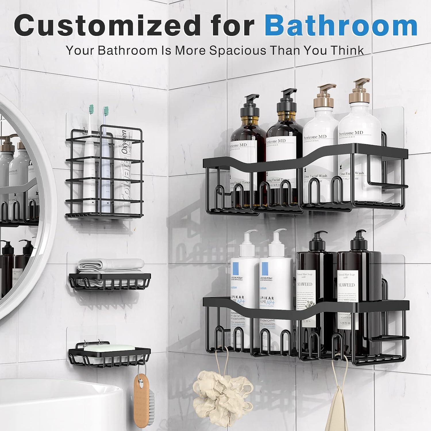 Qeyra Shower Caddy 5 Pack, 5 Hanging Shower Organizers, Stainless Steel, Rustproof, Wall Mount, Bathroom & Kitchen Storage