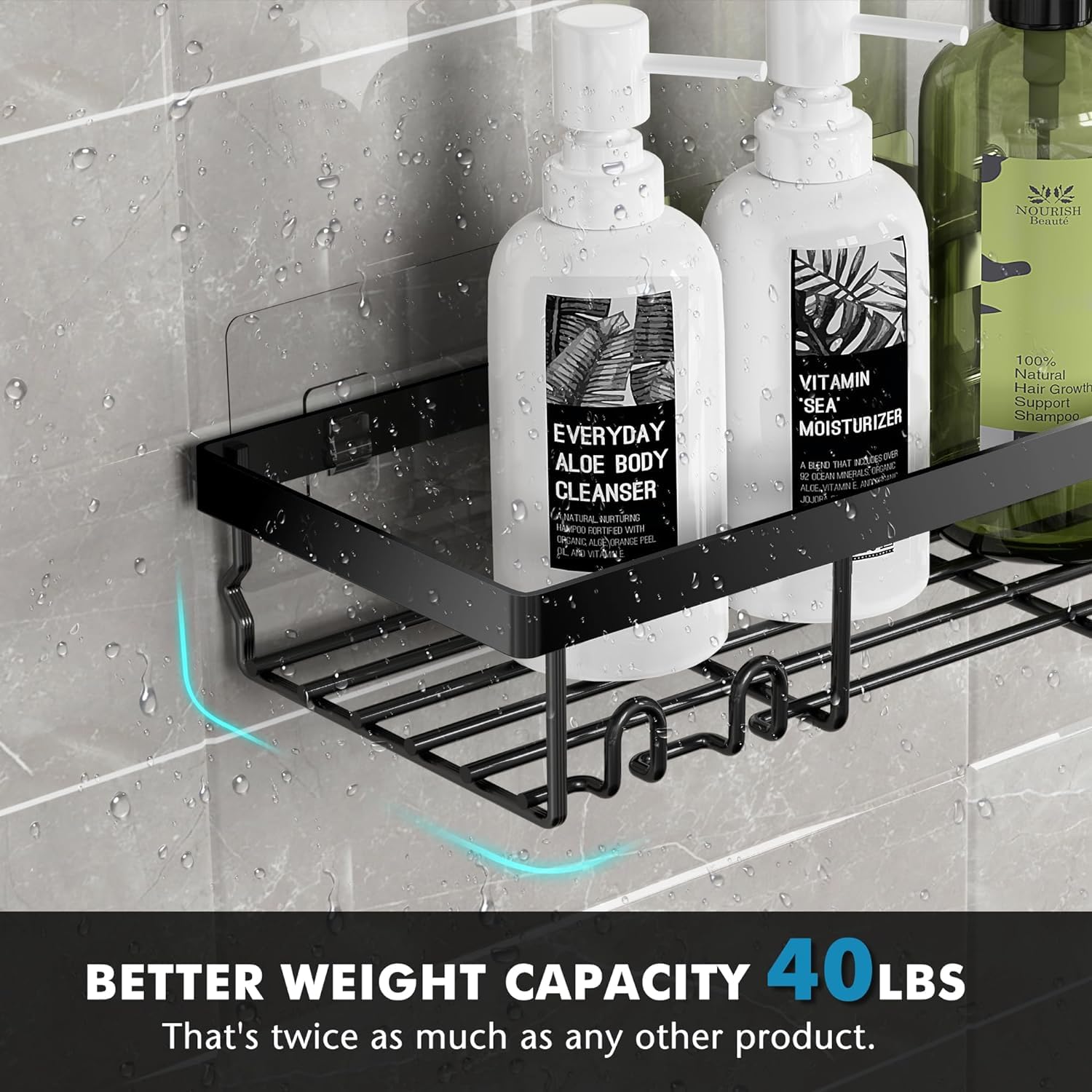 Qeyra 2-Pack Shower Caddy, Adhesive Bath Shelf with Hooks, Stainless Steel 304 Rust Resistant Bathtub Accessories Organizer, Storage Rack Shampoo Rack Wall Mounted Organizer(Black)