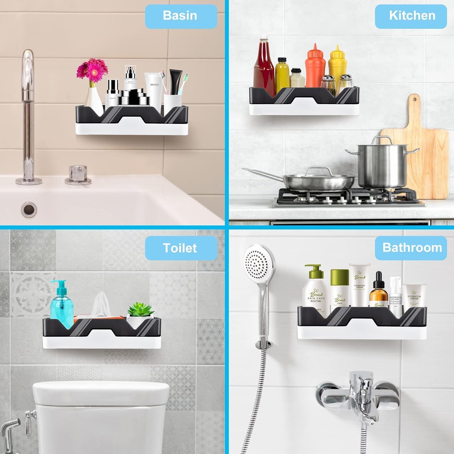 Qeyra Plastic Kitchen and Bathroom Rack Bathroom Shelf Wall Organizer Wall Mounted Shelf Storage Rack