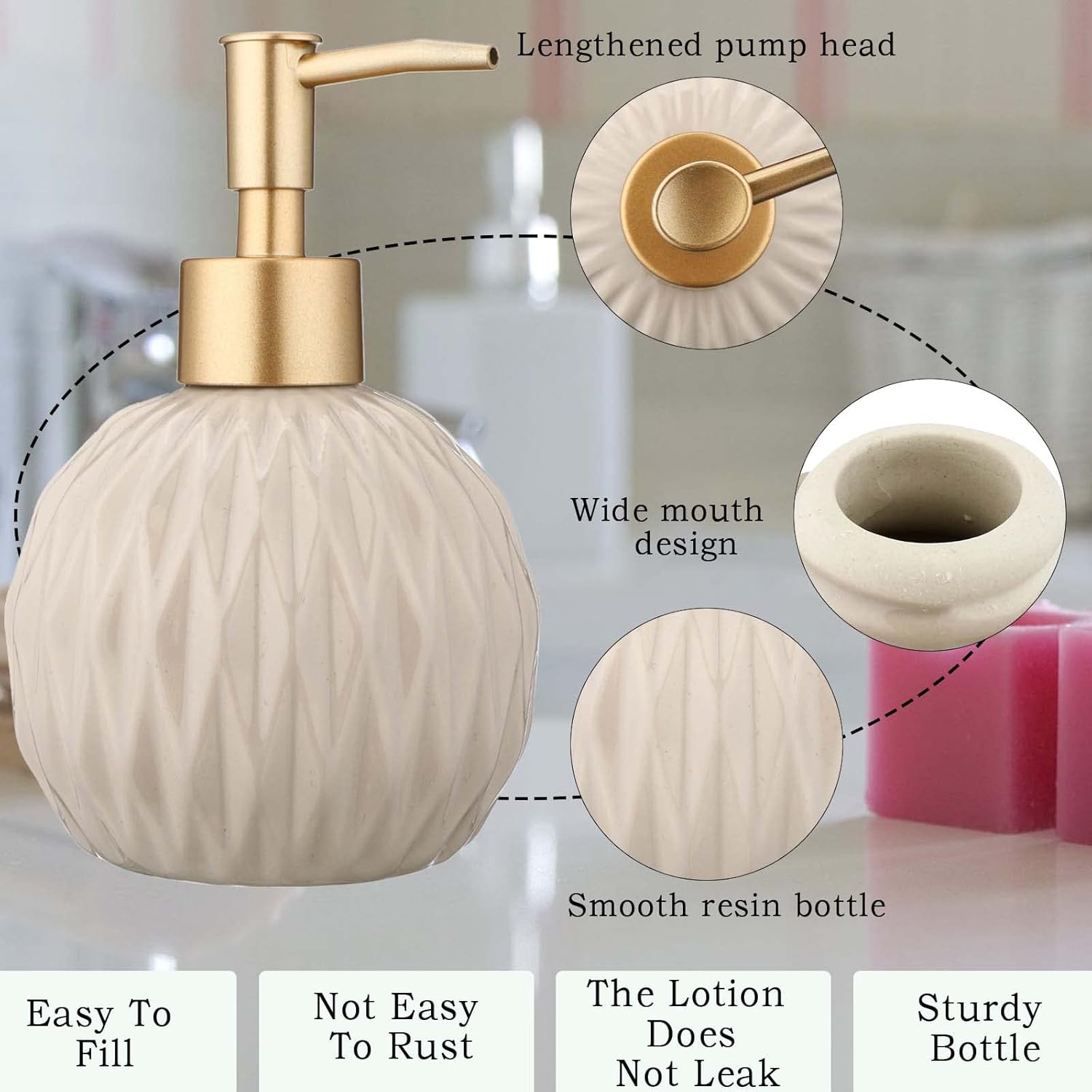 Qeyra Round Classic Soap Dispenser Ceramic Pump Ins Style lotion Dispenser for Bathroom and Kitchen (Khaki)