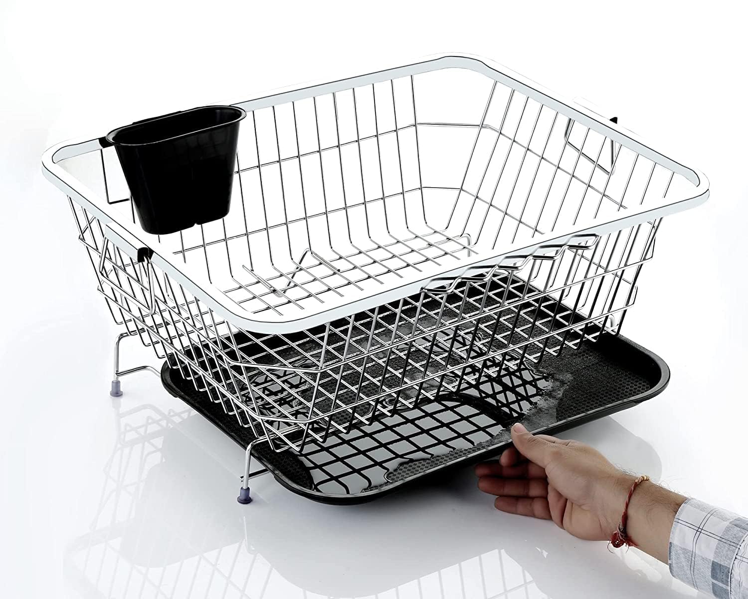 Qeyra Stainless-Steel Dish Drainer Basket | Organizer Stands with Handle | Spoon Holder & Draining Tray Included 17 X 22