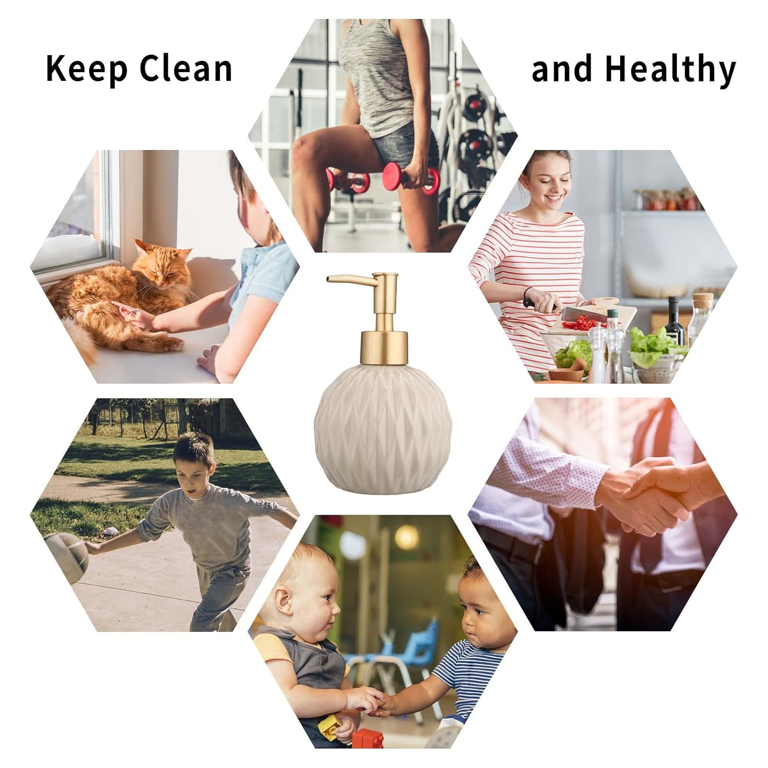 Qeyra Round Classic Soap Dispenser Ceramic Pump Ins Style lotion Dispenser for Bathroom and Kitchen (Khaki)