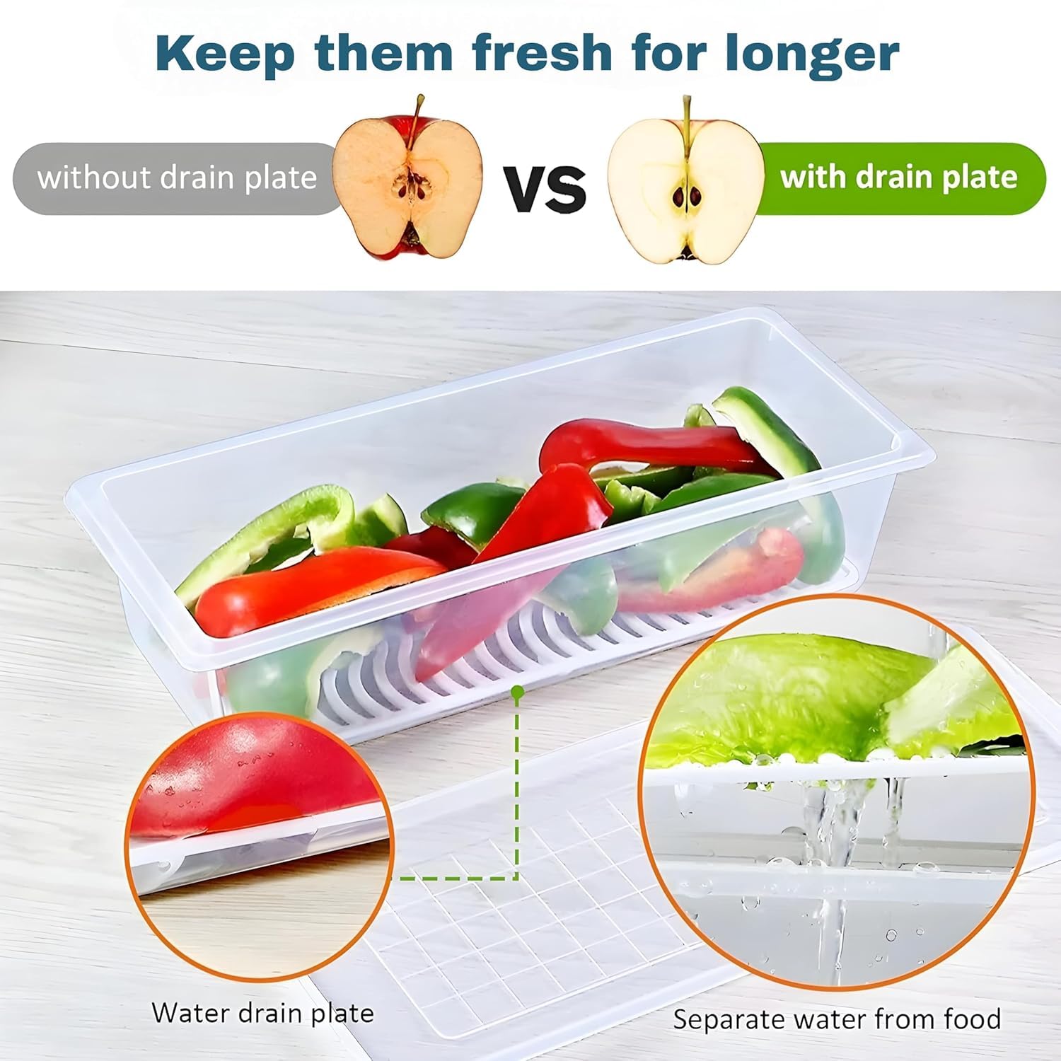 Qeyra Fridge Storage Boxes Fridge Organizer with Removable Drain Plate and Lid Stackable Fridge Storage Containers Plastic Freezer Storage Containers for Fish, Vegetables, Fruits (Pack of 6)