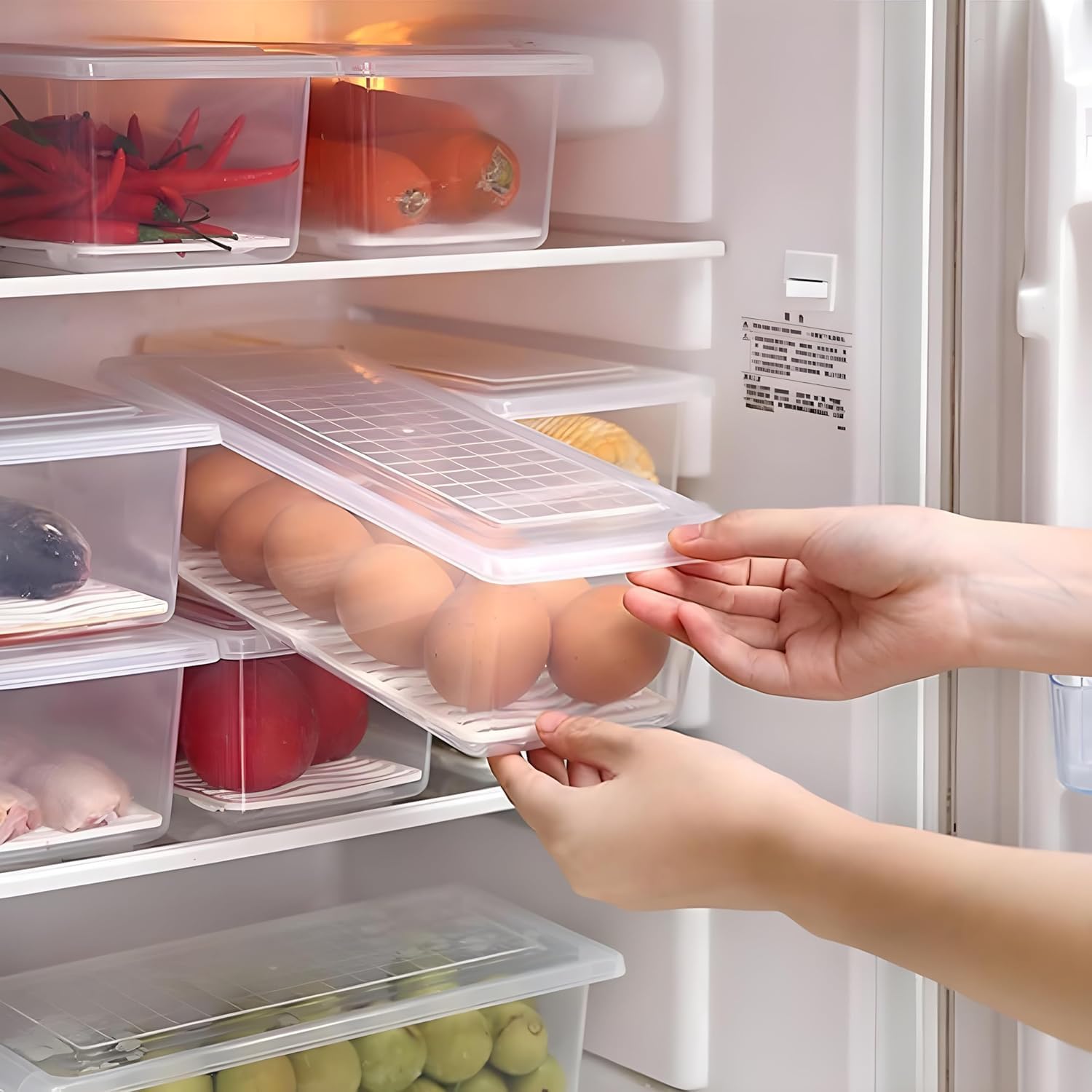 Qeyra Fridge Storage Boxes Fridge Organizer with Removable Drain Plate and Lid Stackable Fridge Storage Containers Plastic Freezer Storage Containers for Fish, Vegetables, Fruits (Pack of 6)