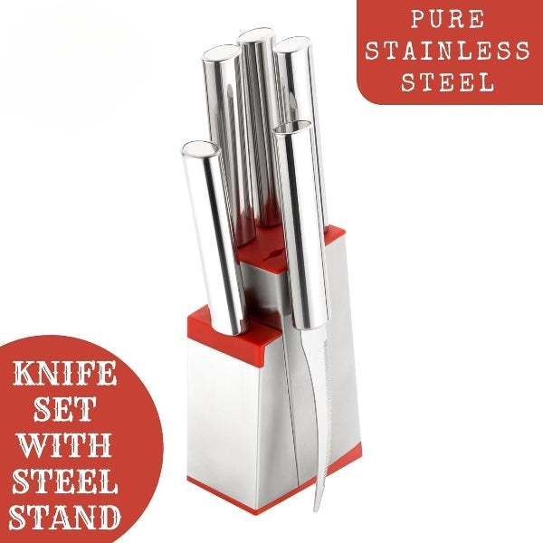 Qeyra (Allwin - AM 108) Stainless Steel Kitchen Knife Set with Stainless Steel Block, Knife Set for Kitchen with Stand, Knife Holder for Kitchen with 1 Peeler 4 Pcs Knife