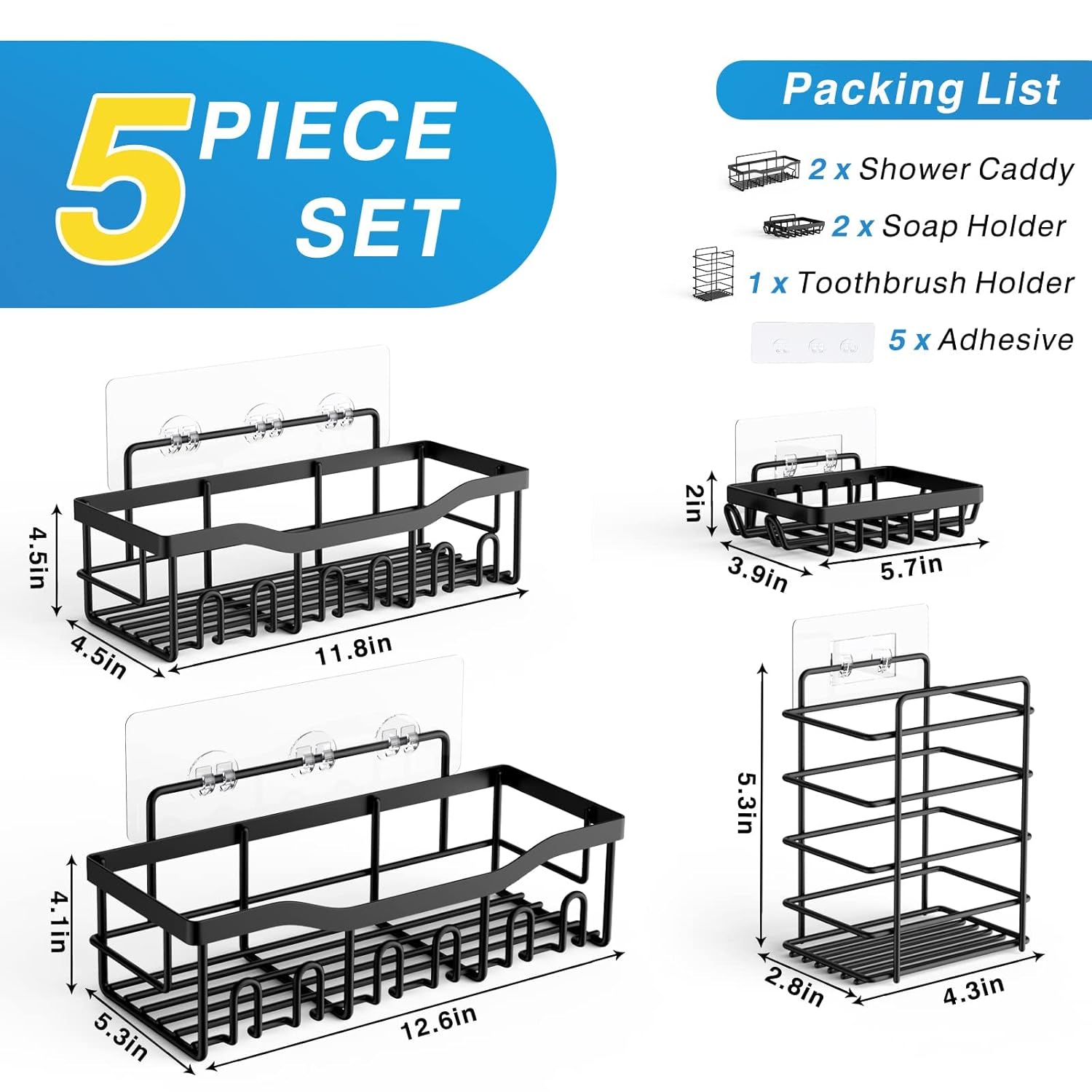 Qeyra Shower Caddy 5 Pack, 5 Hanging Shower Organizers, Stainless Steel, Rustproof, Wall Mount, Bathroom & Kitchen Storage