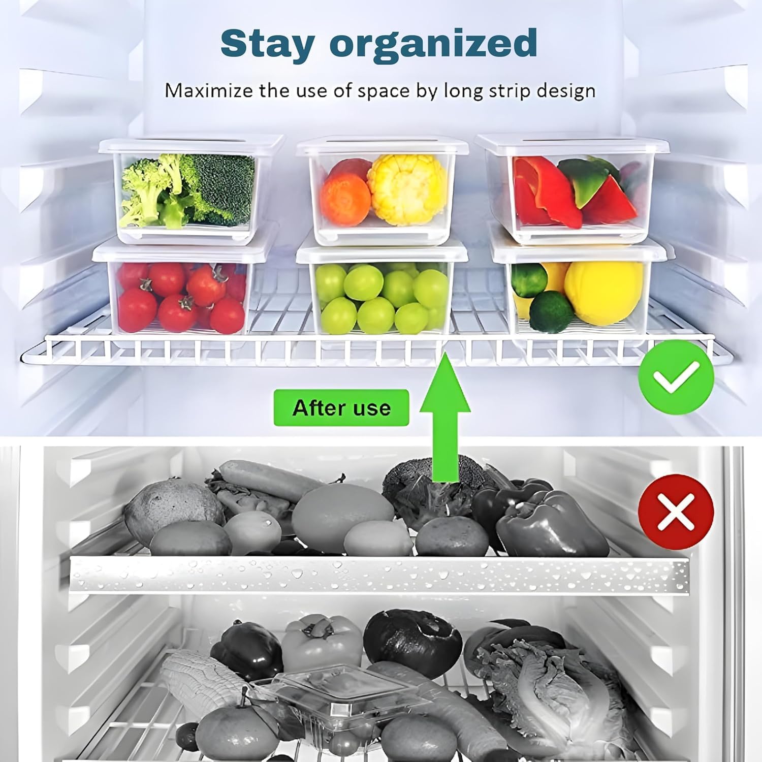 Qeyra Fridge Storage Boxes Fridge Organizer with Removable Drain Plate and Lid Stackable Fridge Storage Containers Plastic Freezer Storage Containers for Fish, Vegetables, Fruits (Pack of 6)