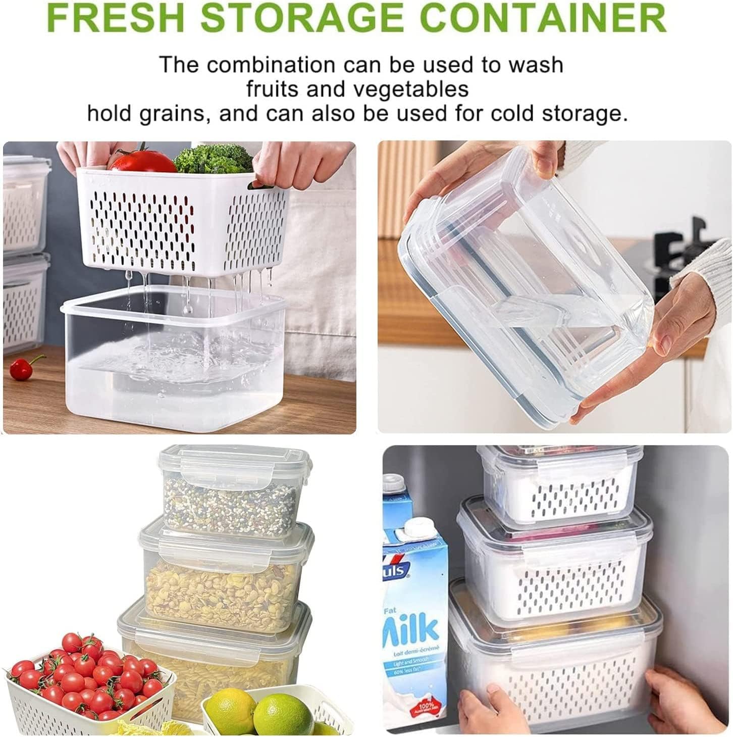Qeyra Stackable Vegetable and Fruit Fridge Storage Container With Removable Drain Strainers, BPA-Free Plastic Produce Keepers, 4 Pack Container Set with Lids with Strainer(4500ML+2600ML+1400ML+600ML)