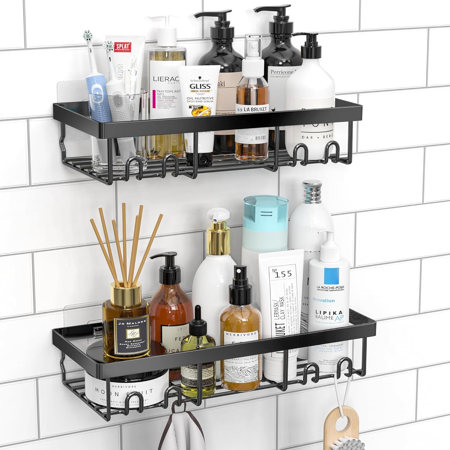 Qeyra 2-Pack Shower Caddy, Adhesive Bath Shelf with Hooks, Stainless Steel 304 Rust Resistant Bathtub Accessories Organizer, Storage Rack Shampoo Rack Wall Mounted Organizer(Black)