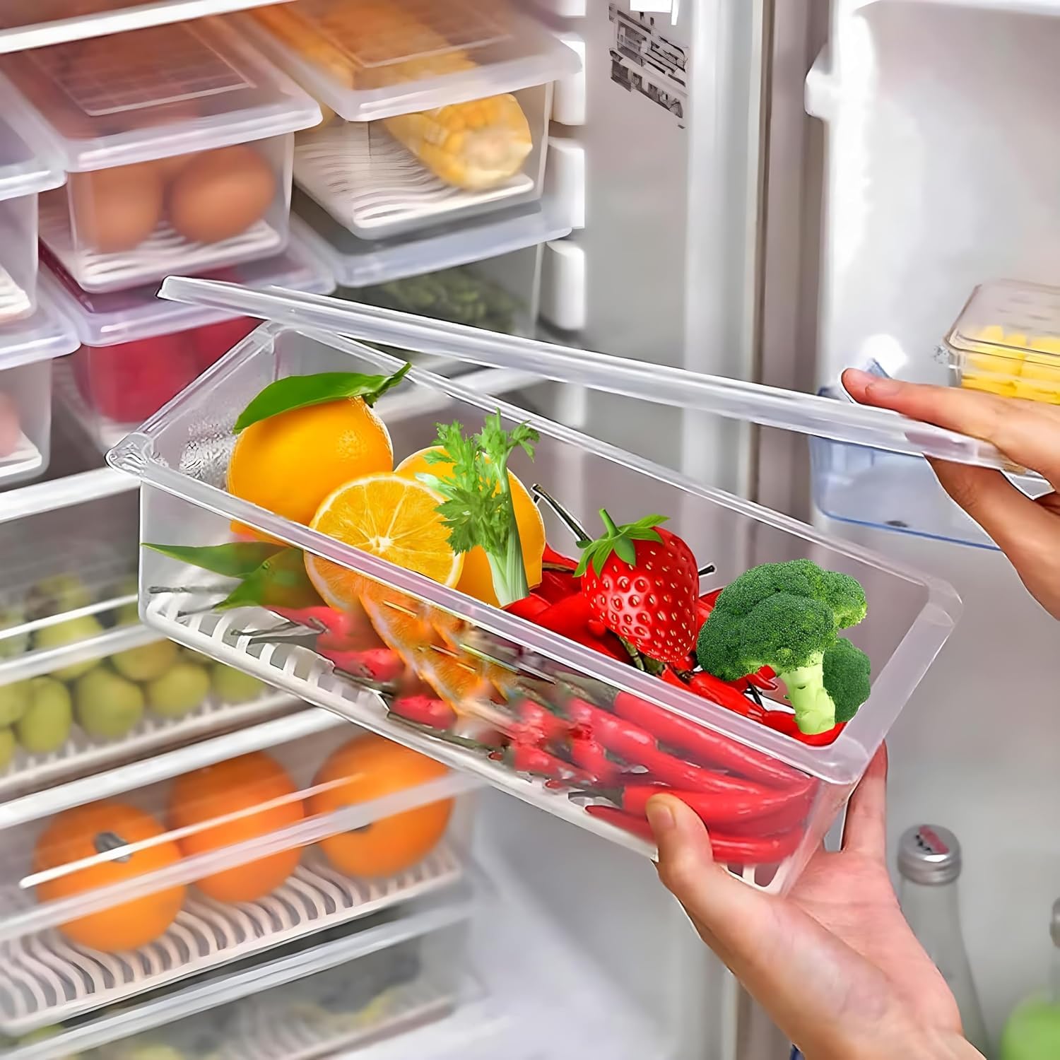 Qeyra Fridge Storage Boxes Fridge Organizer with Removable Drain Plate and Lid Stackable Fridge Storage Containers Plastic Freezer Storage Containers for Fish, Vegetables, Fruits (Pack of 6)