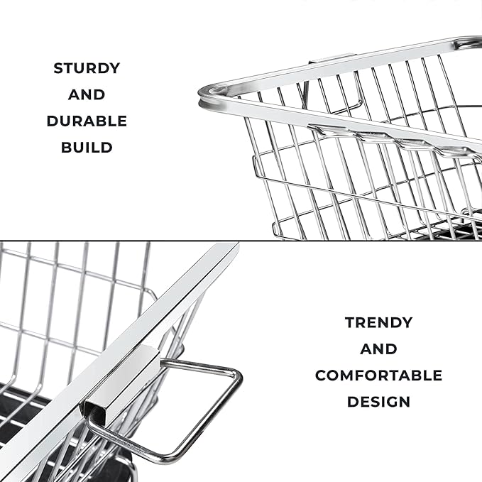 Qeyra Stainless-Steel Dish Drainer Basket | Organizer Stands with Handle | Spoon Holder & Draining Tray Included 17 X 22