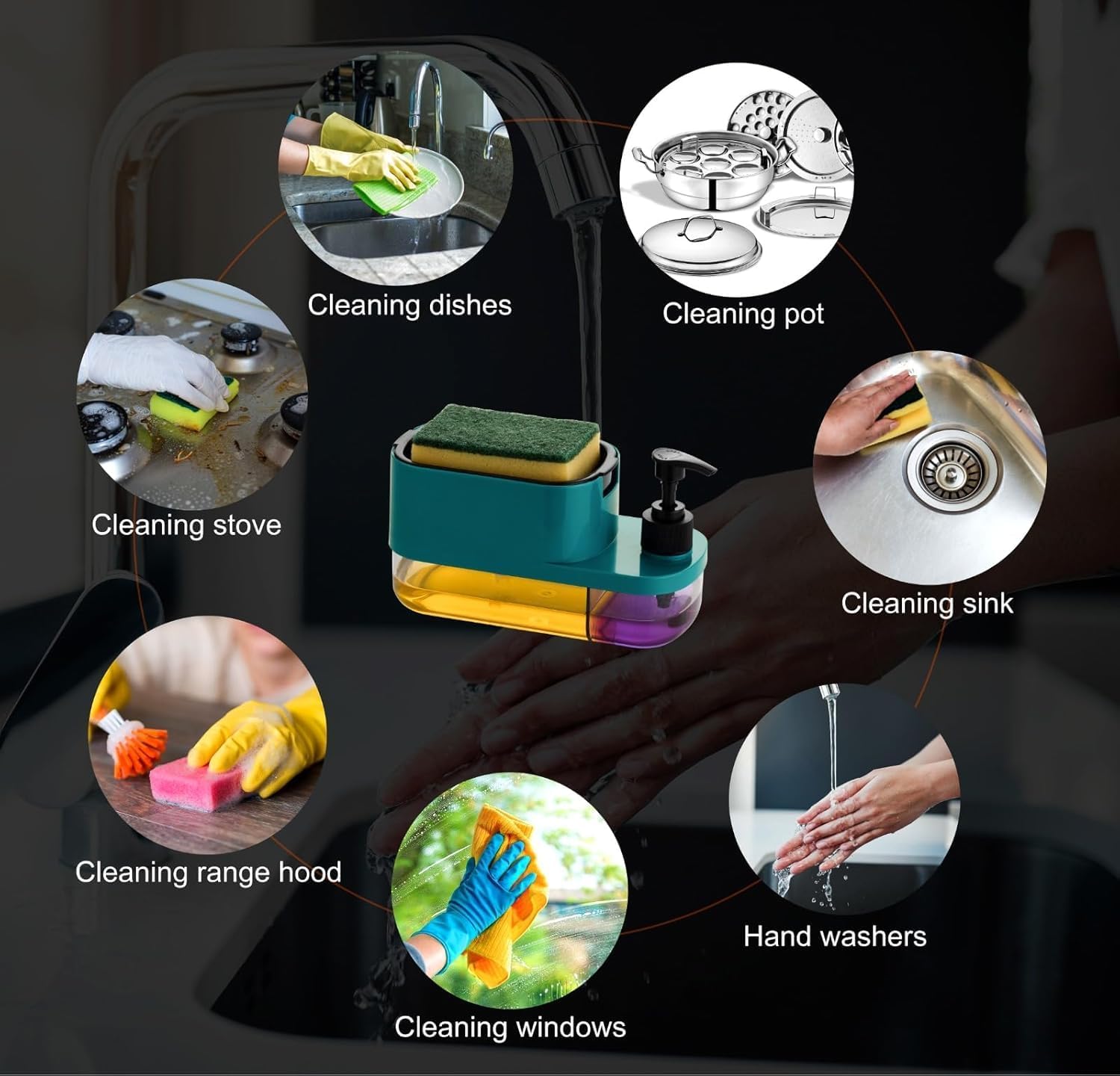 Qeyra Plastic 3 in 1 Soap Pump Dispenser Dish Soap Liquid Dispenser Sponge Holder Dish Soap Pump Dispenser for Kitchen Sink Countertop Kitchen Bathroom