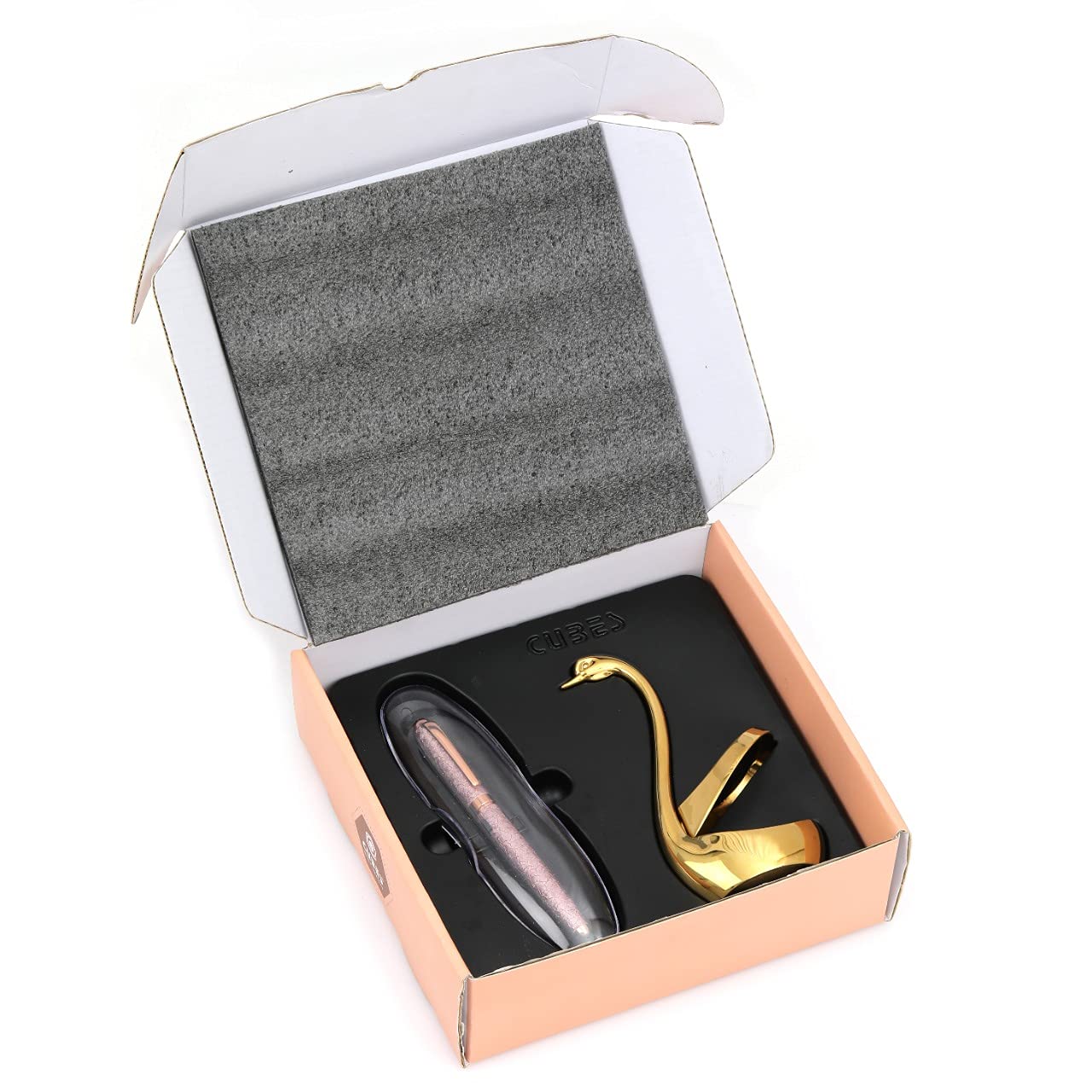 Qeyra Cubes (CA - 006) Swan Gold Pvd Pen Stand With Pen (1 Nos.) | Elegant Office Tabletop Accessory | Stylish Stationery Holder | Ideal for Corporate Gifts & Premium Packing (Stand & 1 Pen)- Gold PVD