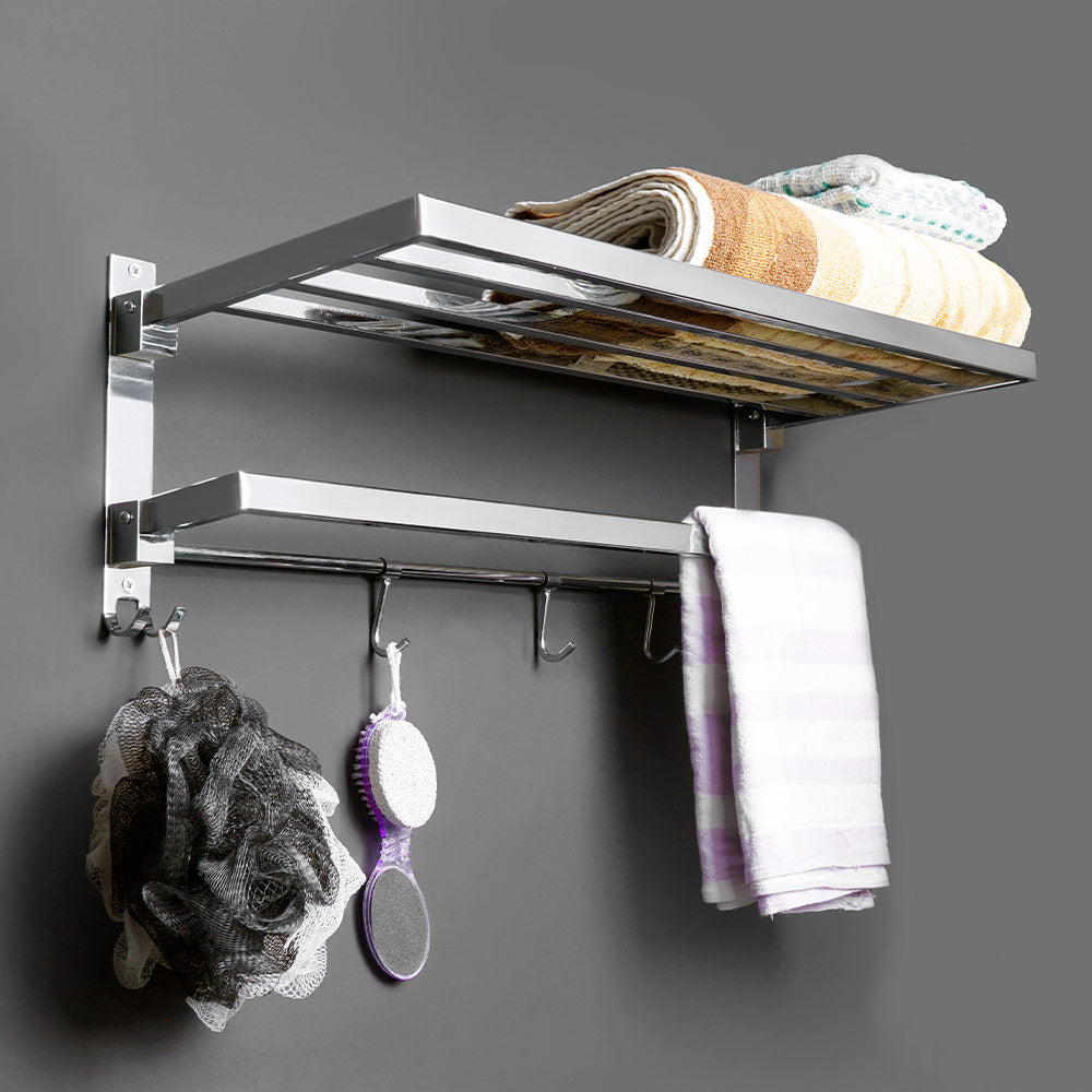 Qeyra A1 Stainless Steel Towel Rack for Bathroom/Dual Folding Towel Rack/Towel Stand/Towel Hanger/Bathroom Accessories (24-Inch) - Chrome Plating
