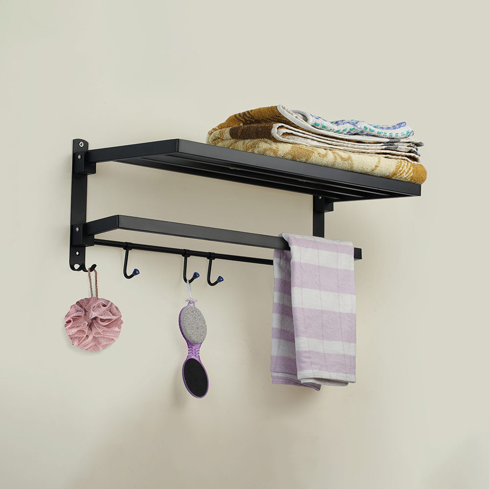 Qeyra A2 Black Stainless Steel Towel Rack for Bathroom/Dual Folding Towel Rack/Towel Stand/Towel Hanger/Bathroom Accessories (24-Inch) - Black Coating