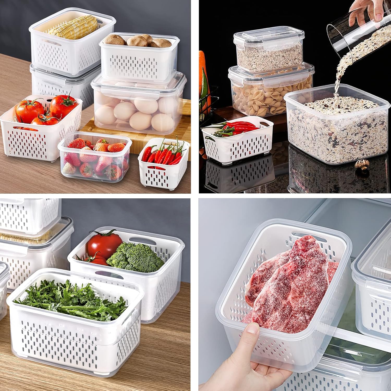 Qeyra Stackable Vegetable and Fruit Fridge Storage Container With Removable Drain Strainers, BPA-Free Plastic Produce Keepers, 4 Pack Container Set with Lids with Strainer(4500ML+2600ML+1400ML+600ML)