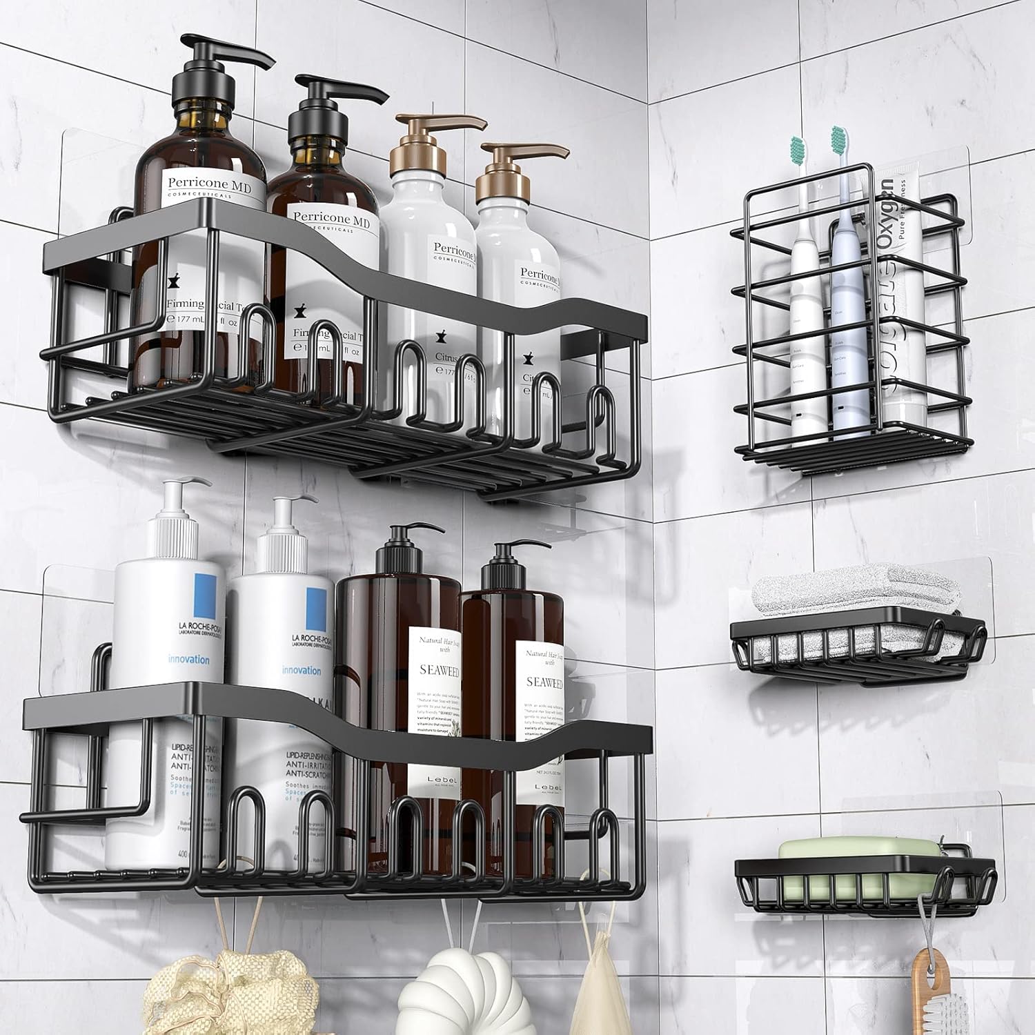 Qeyra Shower Caddy 5 Pack, 5 Hanging Shower Organizers, Stainless Steel, Rustproof, Wall Mount, Bathroom & Kitchen Storage