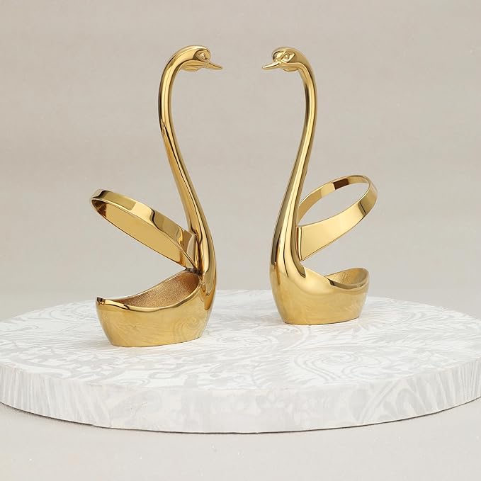 Qeyra Cubes (CA - 004) Cutlery Set Stainless Steel Gold Premium Spoon Set Luxury Dinning tabelware Gift for House Warming I swan Set of 2 Stand | Kitchen & Dining I - Gold PVD