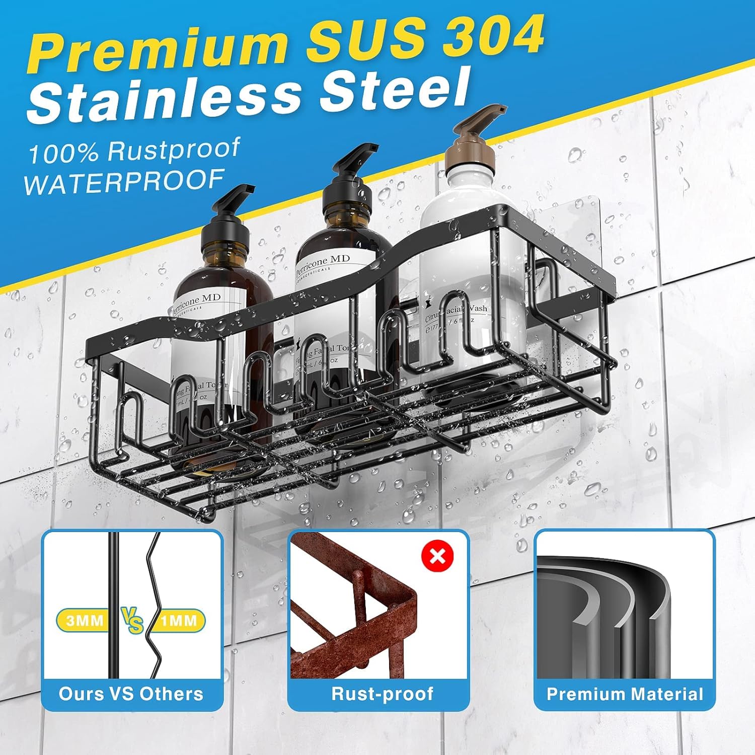 Qeyra Shower Caddy 5 Pack, 5 Hanging Shower Organizers, Stainless Steel, Rustproof, Wall Mount, Bathroom & Kitchen Storage