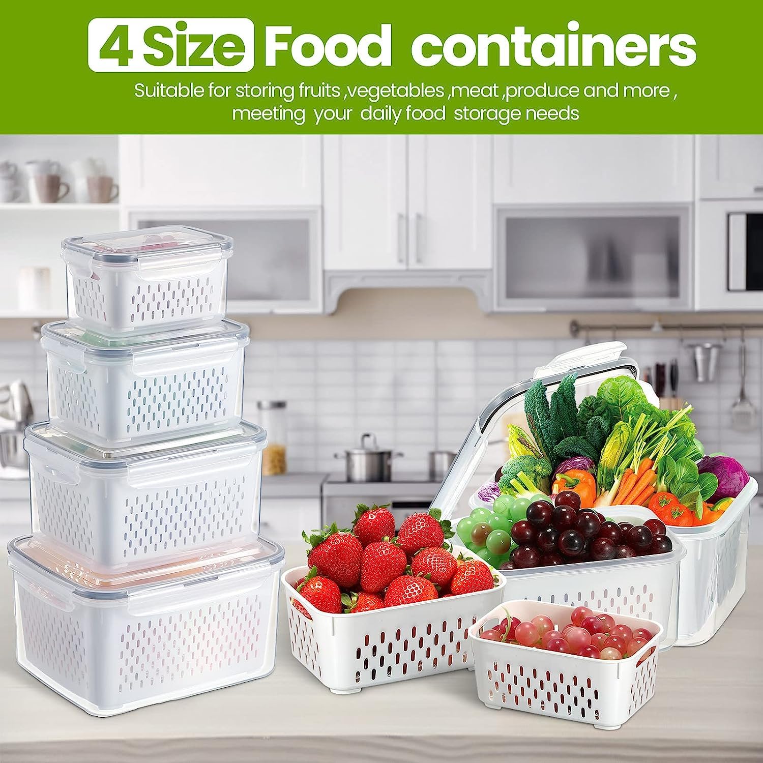 Qeyra Stackable Vegetable and Fruit Fridge Storage Container With Removable Drain Strainers, BPA-Free Plastic Produce Keepers, 4 Pack Container Set with Lids with Strainer(4500ML+2600ML+1400ML+600ML)