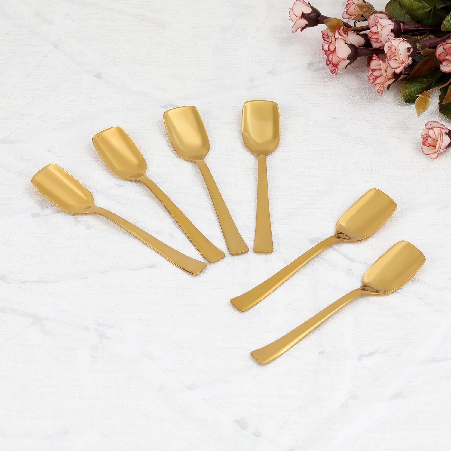 Qeyra Cubes 6 Pieces Stainless Steel PVD Gold Premium Ice cream Spoon for Home & Kitchen | Luxury Dining Tableware Latest Chammach Set Gift | (6 Pieces of Ice Cream Spoon)
