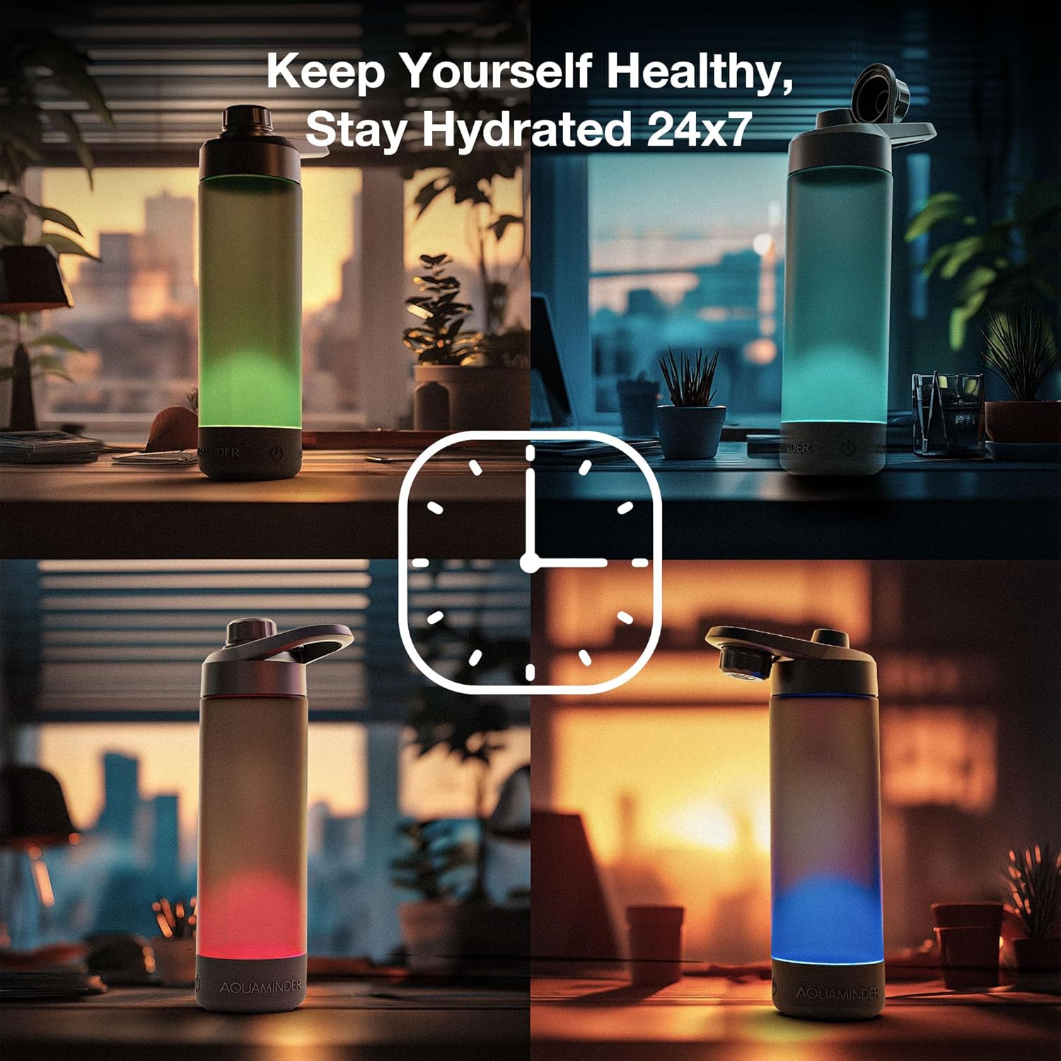 Qeyra Aquaminder Smart Water Bottle Glows & Beeps to Remind You to Drink More 770 ml Chug Cap Bottle For Adults and Kids Perfect For Gift, Travel, Gym, Yoga, Black, Silicone