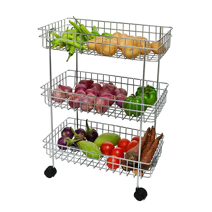 Qeyra Stainless Steel Kitchen Trolley, Fruits & Vegetable Trolley Container, Basket Organizer Holder Stand for Kitchen, Multipurpose Kitchen Trolley with Wheel