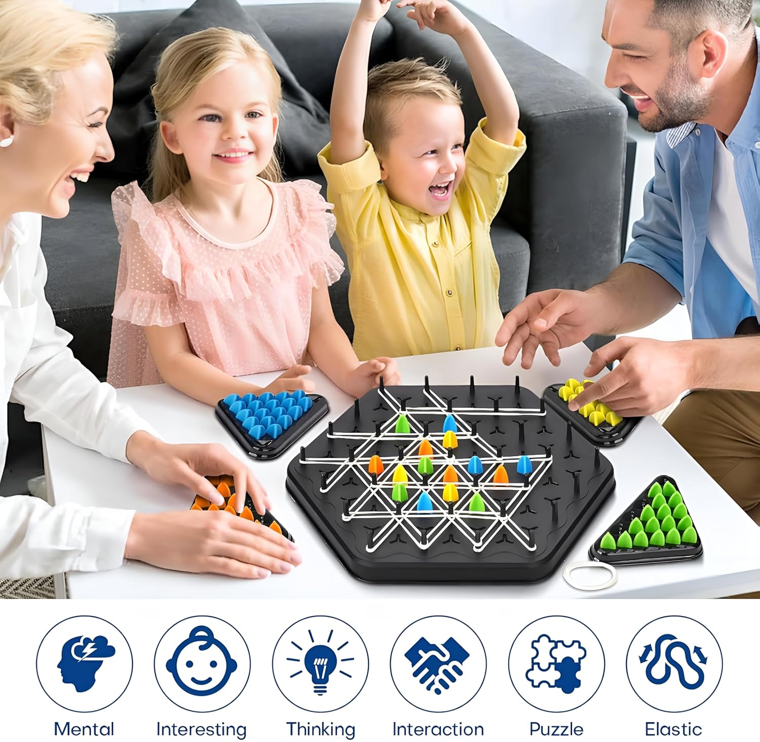 Qeyra Chain Triangle Chess Triggle Rubber Band Game Strategy Building Board Games Desktop Puzzle Interactive Brain Teaser Game Family Fun Night Party for Kids Adult 2 to 4 Players