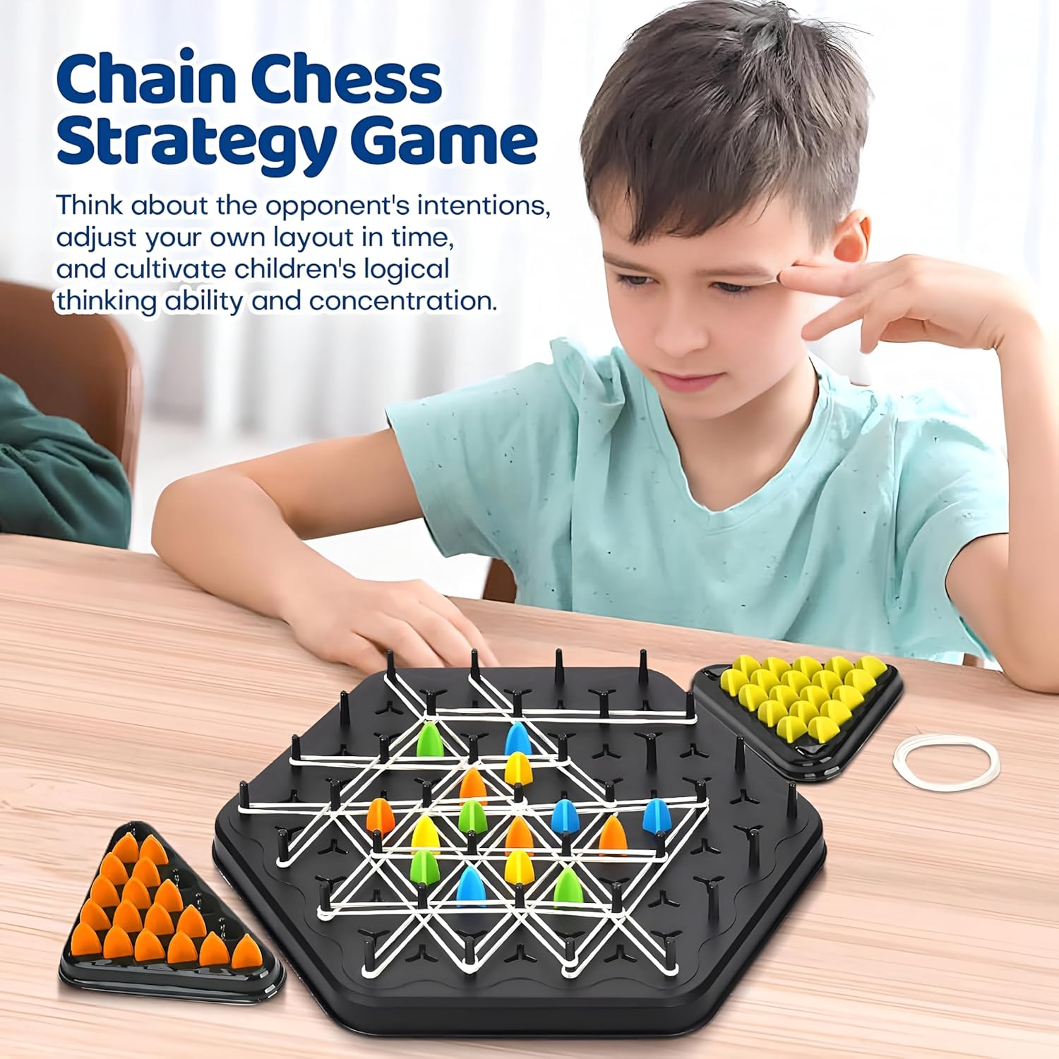 Qeyra Chain Triangle Chess Triggle Rubber Band Game Strategy Building Board Games Desktop Puzzle Interactive Brain Teaser Game Family Fun Night Party for Kids Adult 2 to 4 Players