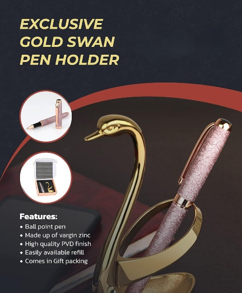 Qeyra Cubes (CA - 006) Swan Gold Pvd Pen Stand With Pen (1 Nos.) | Elegant Office Tabletop Accessory | Stylish Stationery Holder | Ideal for Corporate Gifts & Premium Packing (Stand & 1 Pen)- Gold PVD