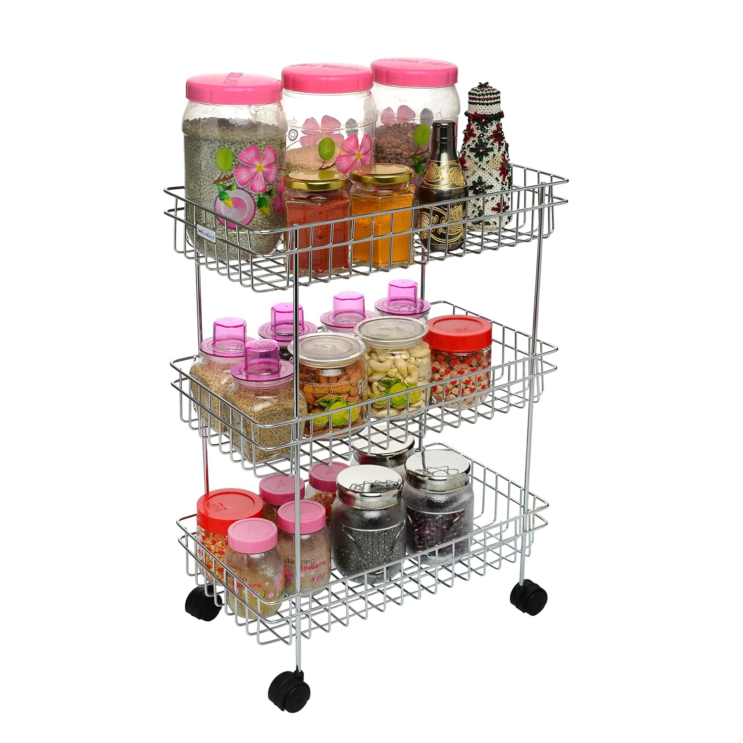 Qeyra Stainless Steel Kitchen Trolley, Fruits & Vegetable Trolley Container, Basket Organizer Holder Stand for Kitchen, Multipurpose Kitchen Trolley with Wheel