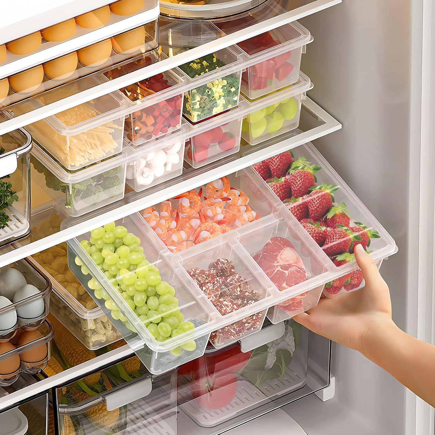 Qeyra 5-Compartment Clear Plastic Snackle Box with Lid – Stackable Charcuterie & Veggie Tray Organizer for Fridge Pack of 1