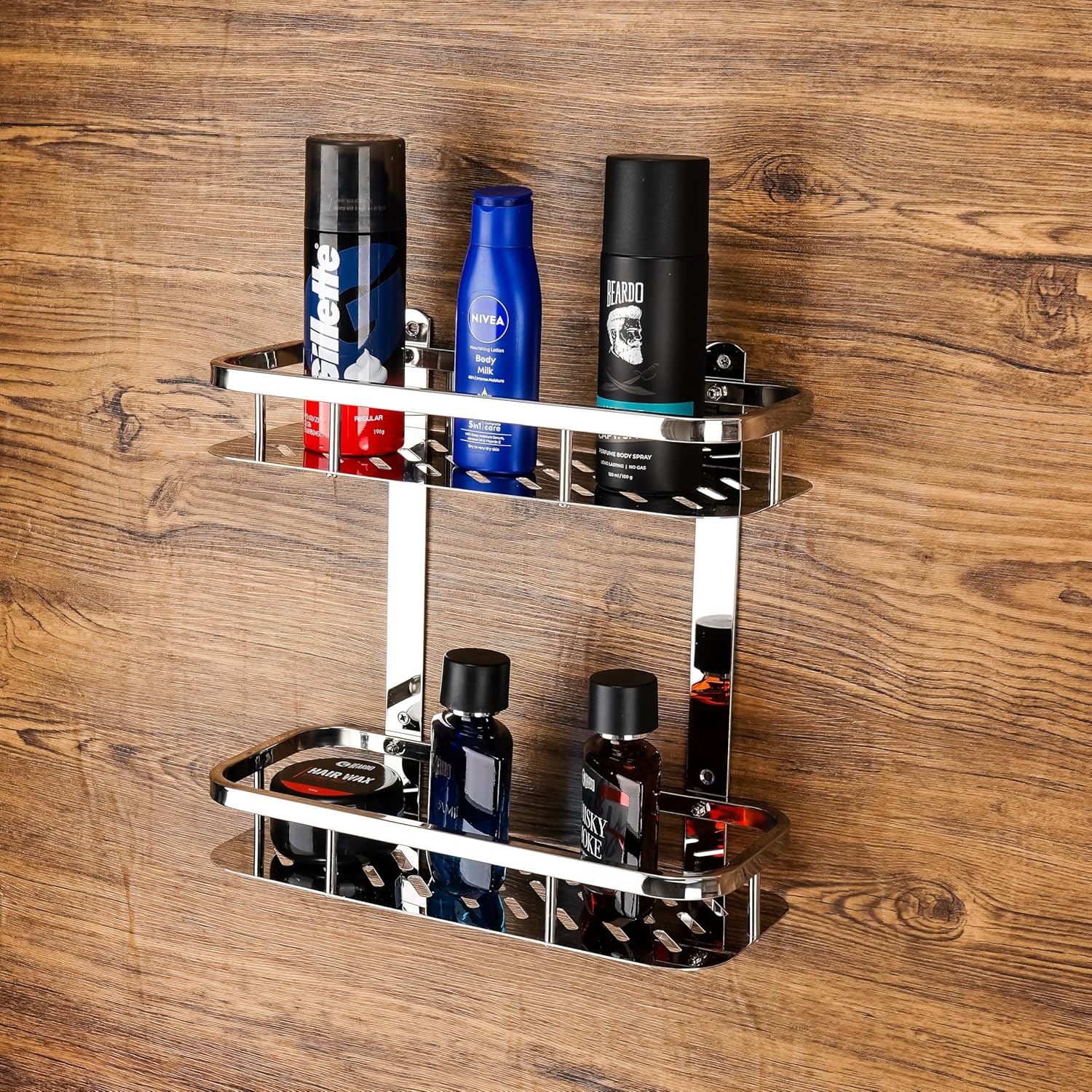 Qeyra Matrix (MP-5203) Multipurpose Stainless Steel Bathroom 2 layers Shelf with Hooks//Rack for Bathroom Storage/Bathroom Accessories/Wall Mounted (5x15 inches/Chrome Plating)