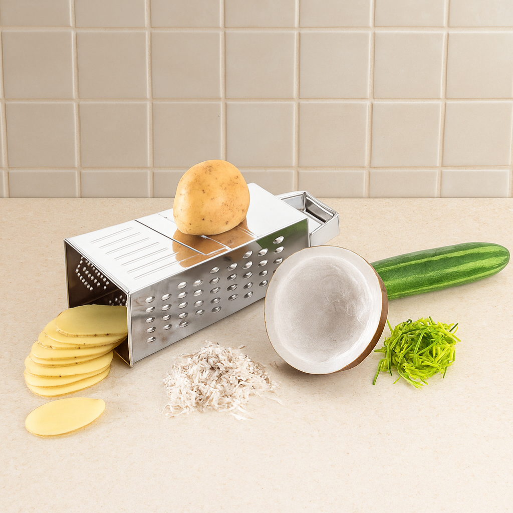 Qeyra (Allwin - AM 113) Stainless Steel 5 in 1 Multi Purpose Grater and Slicer with 4 Sides for Cheese, Vegetables, Ginger, Garlic, Chocolate