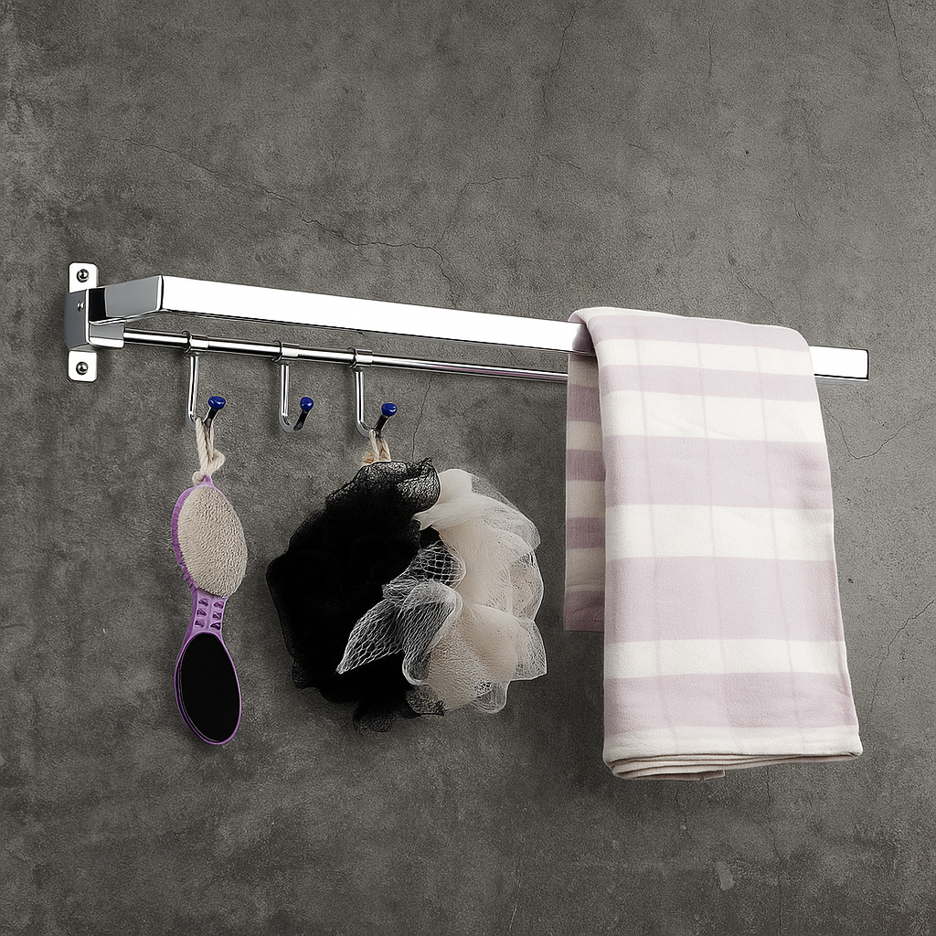 Qeyra A8 Stainless Steel Towel Rod for Bathroom/Dual Folding Towel Rod/Towel Stand/Towel Hanger/Bathroom Accessories (24-Inch) - Chrome Plating