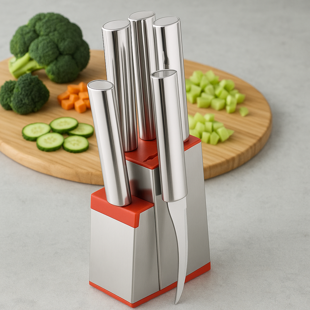 Qeyra (Allwin - AM 108) Stainless Steel Kitchen Knife Set with Stainless Steel Block, Knife Set for Kitchen with Stand, Knife Holder for Kitchen with 1 Peeler 4 Pcs Knife
