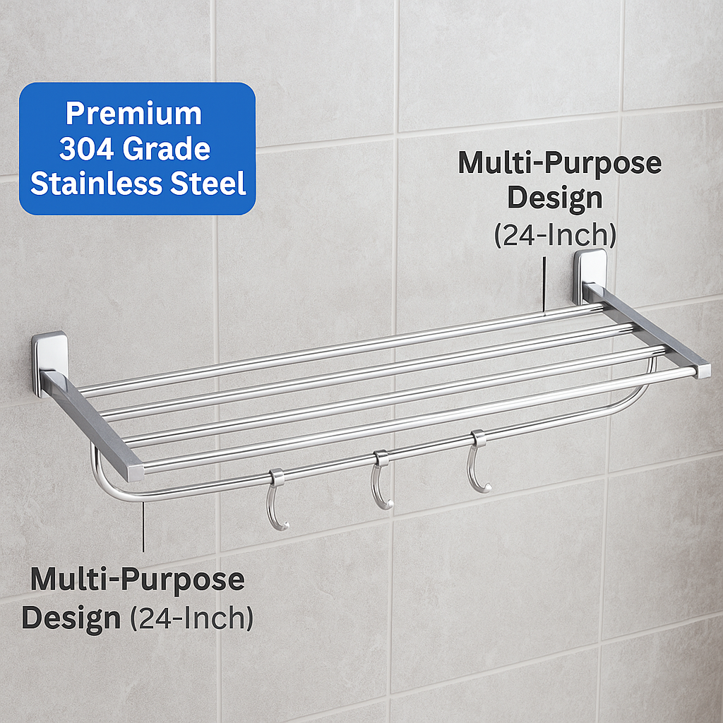 Qeyra Bloom 304 Grade Stainless Steel Towel Rack for Bathroom /towel Stand/Towel Hanger/ Wall Mount / Bathroom Accessories (24-Inch) – (Chrome Plating)