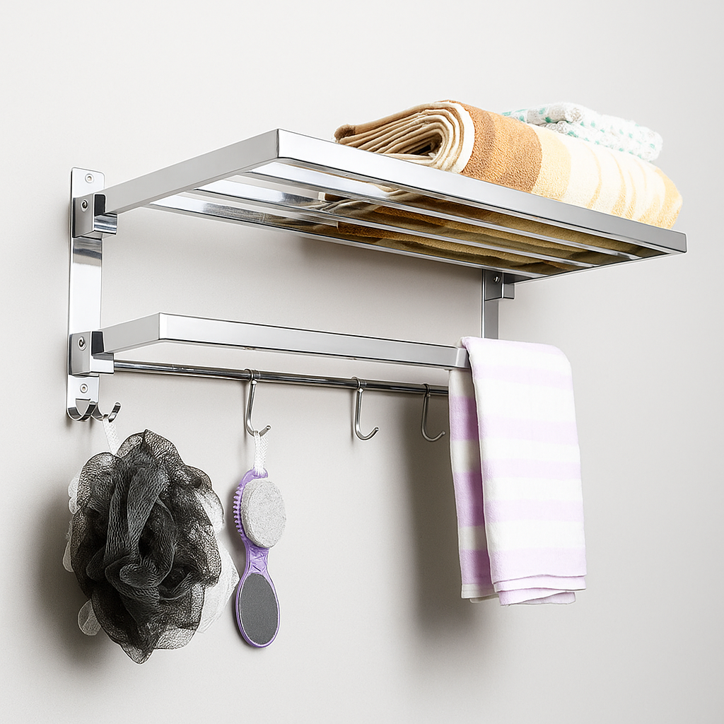 Qeyra A1 Stainless Steel Towel Rack for Bathroom/Dual Folding Towel Rack/Towel Stand/Towel Hanger/Bathroom Accessories (24-Inch) - Chrome Plating