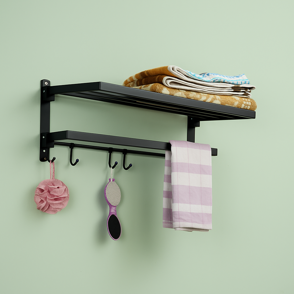 Qeyra A2 Black Stainless Steel Towel Rack for Bathroom/Dual Folding Towel Rack/Towel Stand/Towel Hanger/Bathroom Accessories (24-Inch) - Black Coating