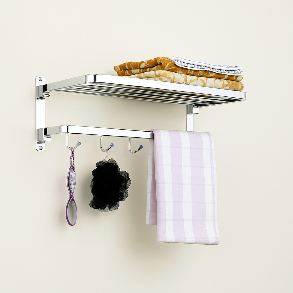 Qeyra A3 Stainless Steel Towel Rack for Bathroom/Dual Folding Towel Rack/Towel Stand/Towel Hanger/Bathroom Accessories (24-Inch) - Chrome Plating