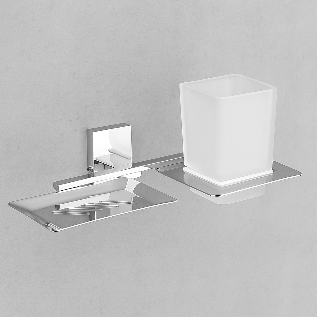 Qeyra Square Stainless Steel 304 Grade 2in1 Soap Dish with Tooth brush Holder/Soap Stand/Tumbler Holder/Bathroom Accessories - Chrome Plating