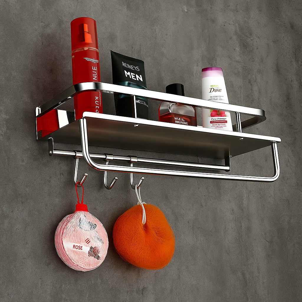 Qeyra (MP-5201) Multipurpose Stainless Steel Bathroom Shelf with Hooks & Towel Hanger/Rod/Rack for Bathroom Storage/Bathroom Accessories/Wall Mounted (5x15 inches/Chrome Plating)
